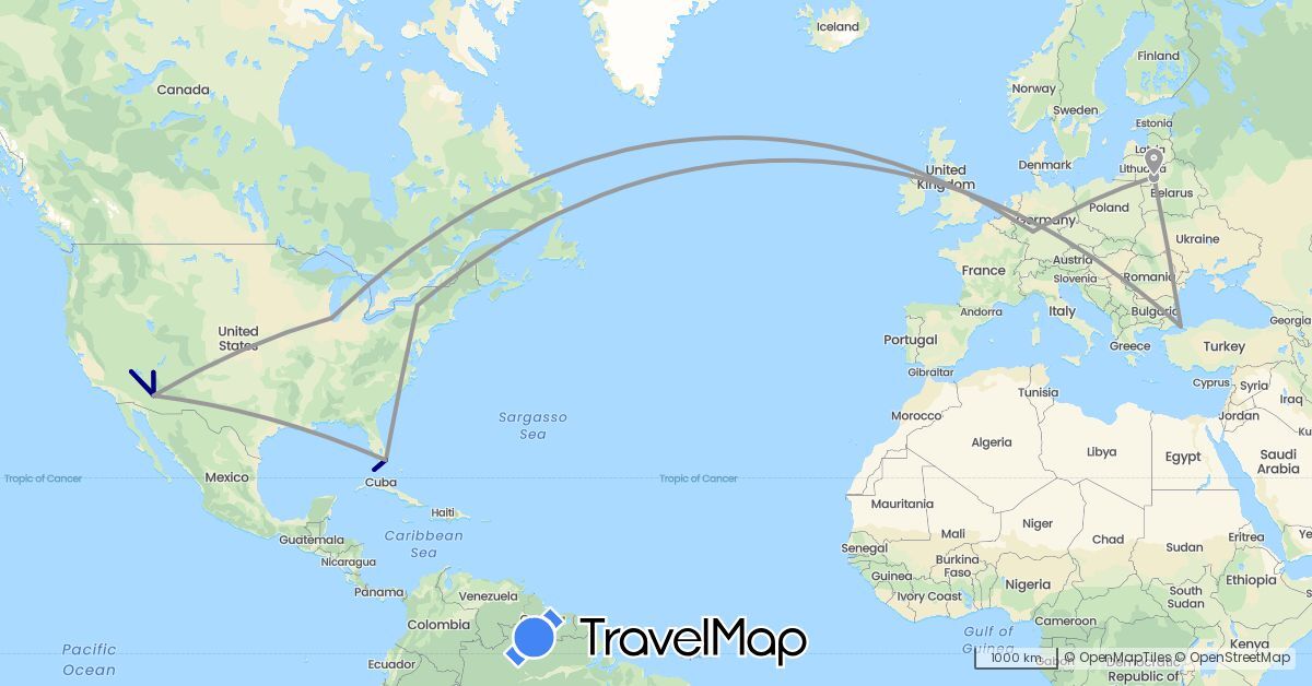 TravelMap itinerary: driving, plane in Germany, Lithuania, Turkey, United States (Asia, Europe, North America)